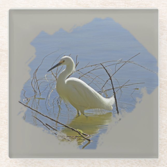 White Egret Photo Elegant Bird Calm Water Nature Glass Coaster (Front)