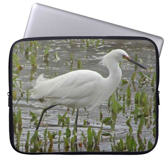White Egret Photo Green Water Plants Lake Bird Laptop Sleeve (Front)