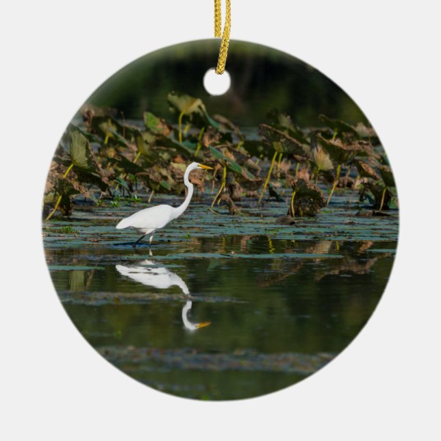 White Egret Reflection Ceramic Tree Decoration (Front)