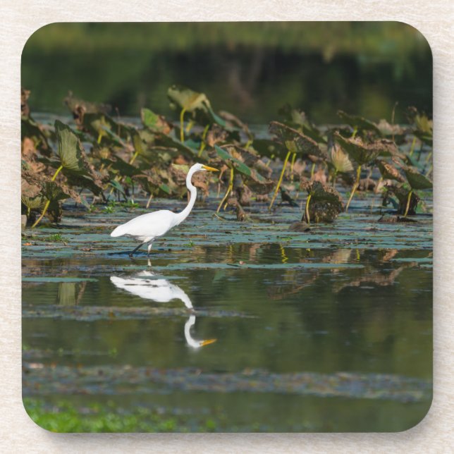 White Egret Reflection Coaster (Front)