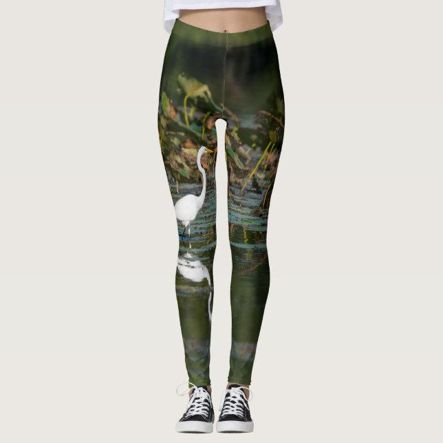 White Egret Reflection Leggings (Front)