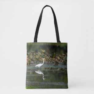 White Egret Reflection Tote Bag