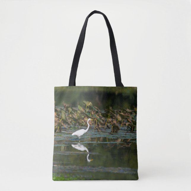 White Egret Reflection Tote Bag (Front)
