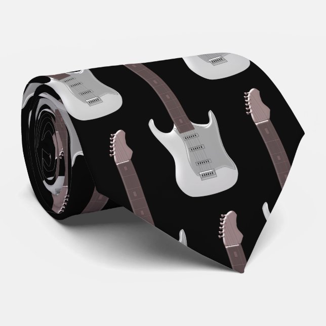 White Electric Guitar Design Tie (Rolled)