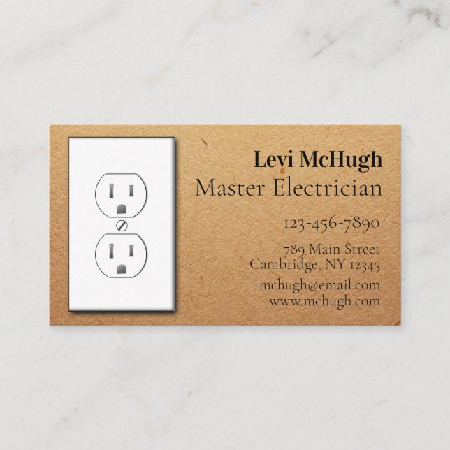 White Electrical Outlet Against Tan Craft Paper Business Card (Front)