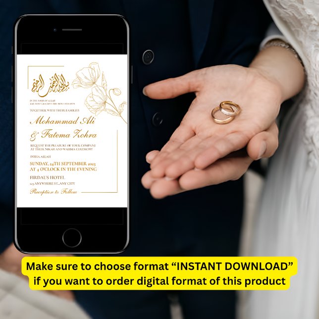 White Elegance Minimalist Gold Floral Nikah Invitation (Creator Uploaded)