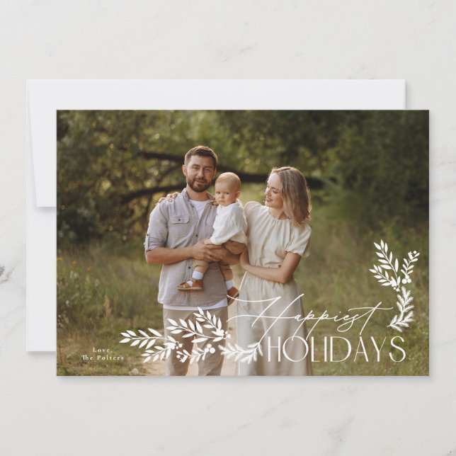 White Elegant Botanical Flat Photo Happy Holiday Card (Front)