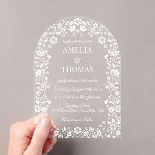 White Elegant Botanical Wedding  Acrylic Invitations