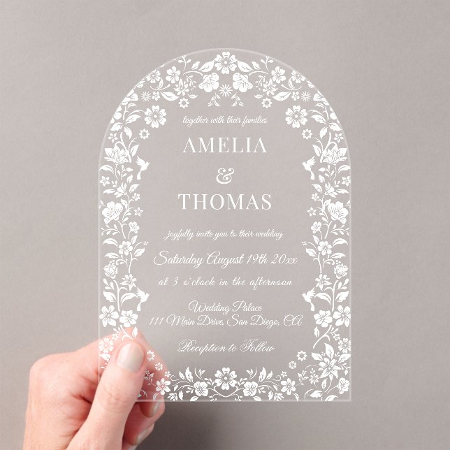 White Elegant Botanical Wedding  Acrylic Invitations (Insitu (Handheld))