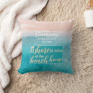 White Elegant Calligraphy Family Name Beach House  Cushion
