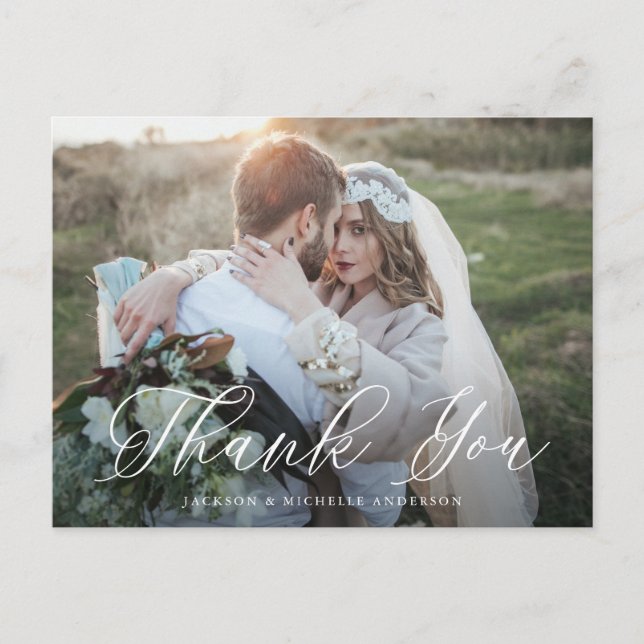 White Elegant Calligraphy Photo Wedding Thank You Postcard (Front)