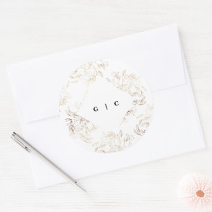 White Elegant Drawn Botanical Monogram Wedding Classic Round Sticker