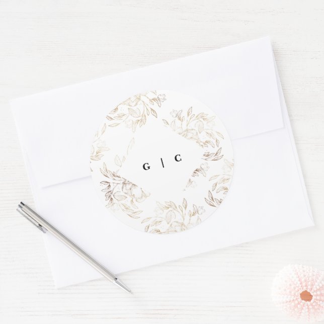 White Elegant Drawn Botanical Monogram Wedding Classic Round Sticker (Envelope)