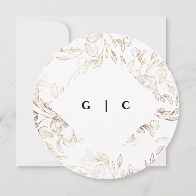 White Elegant Drawn Botanical Monogram Wedding Invitation (Front)