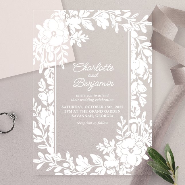 White Elegant Floral Border Wedding Acrylic Invitations (Creator Uploaded)