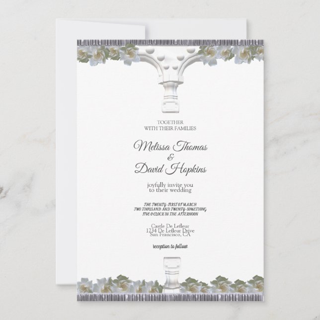 White Elegant Floral Greek Arch Wedding Invitation (Front)