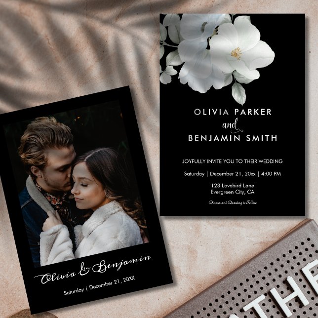 White Elegant Floral Photo Modern Black Wedding Invitation (White Elegant Floral Photo Modern Black Wedding Invitation)