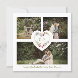 White Elegant Floral Pink Heart 3 Photos Wedding Invitation
