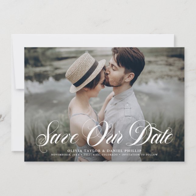 White Elegant Flourish Script Photo Save The Date (Front)