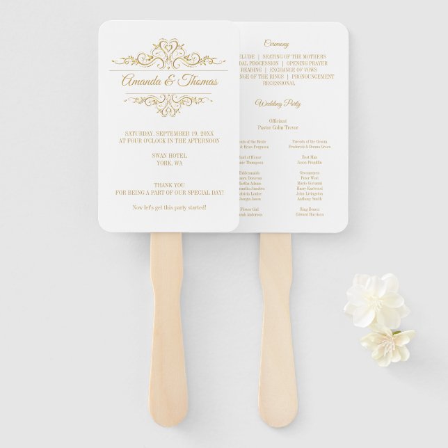 White Elegant Frame Stylish Wedding Program Hand Fan (Front and Back)