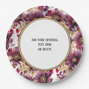 White Elegant Gold Burgundy Floral pattern border Paper Plate
