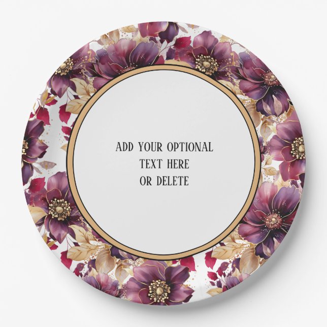 White Elegant Gold Burgundy Floral pattern border Paper Plate (Front)