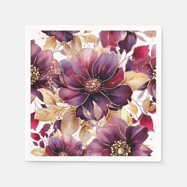 White Elegant Gold Burgundy Floral pattern Napkin (Front)