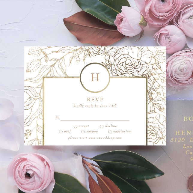 White Elegant Gold Monogram Wreath Wedding RSVP Ca (Creator Uploaded)