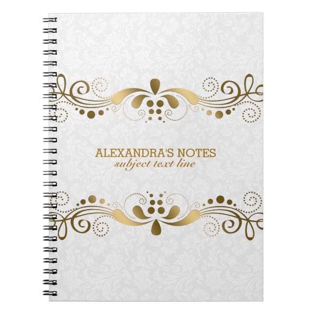 White & Elegant Gold Tones Floral Lace Frame 2 Notebook (Front)