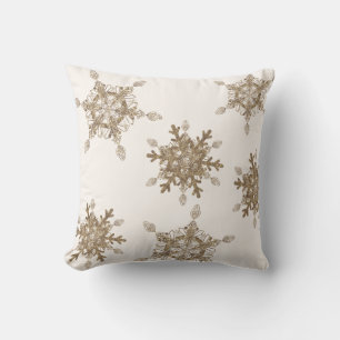 White Elegant Golden Snow Flakes  Cushion