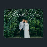 White Elegant Handwritten Script Photo Wedding Magnet<br><div class="desc">Celebrate your love and show gratitude with our customisable photo wedding thank you magnet! This unique keepsake is perfect for reminding your loved ones of your special day while expressing your heartfelt thanks in a memorable way. It features an elegant white script. Personalise by adding your photo and details. This...</div>