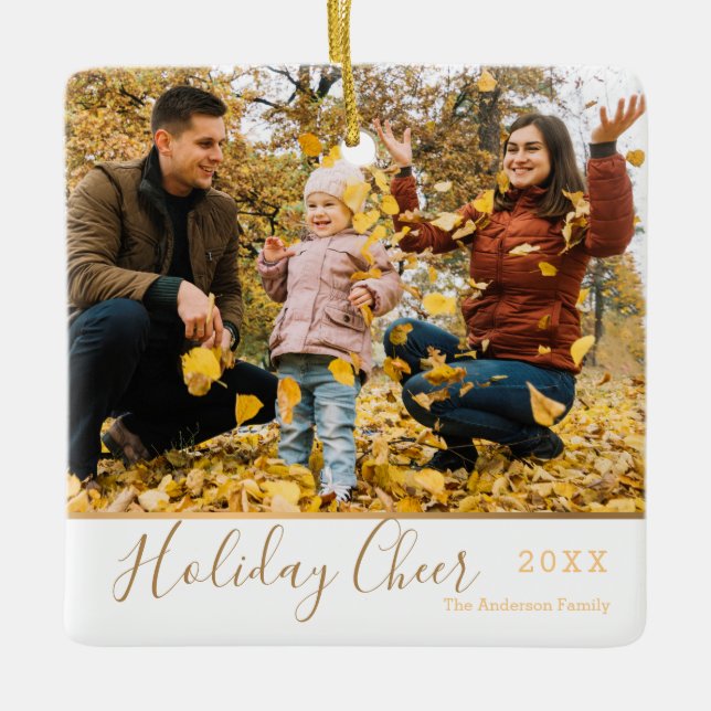 White Elegant Holiday Cheer Faux Gold Photo Ceramic Ornament (Front)