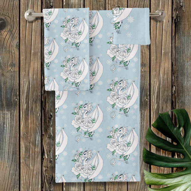 White Elegant Ice Dragon Blue Roses Fantasy Bath Towel Set (Creator Uploaded)