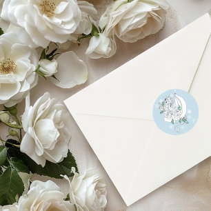 White Elegant Ice Dragon Blue Roses Fantasy Classic Round Sticker