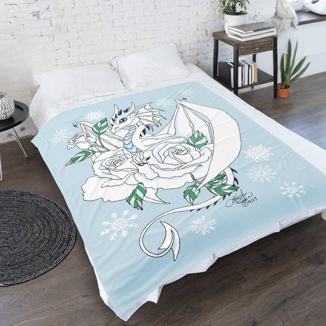 White Elegant Ice Dragon Blue Roses Fantasy Fleece Blanket (Creator Uploaded)
