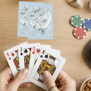 White Elegant Ice Dragon Blue Roses Fantasy Playing Cards