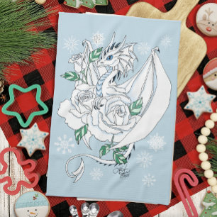 White Elegant Ice Dragon Blue Roses Fantasy Tea Towel
