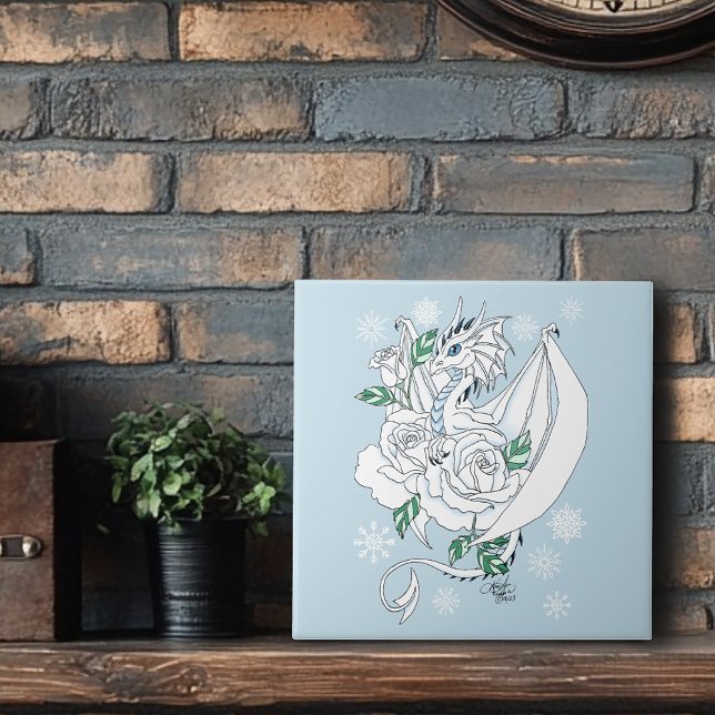 White Elegant Ice Dragon Blue Roses Fantasy Tile (Creator Uploaded)