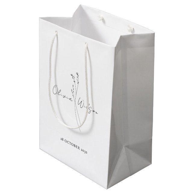 White Elegant Minimalist Botanical Medium Gift Bag (Back Angled)
