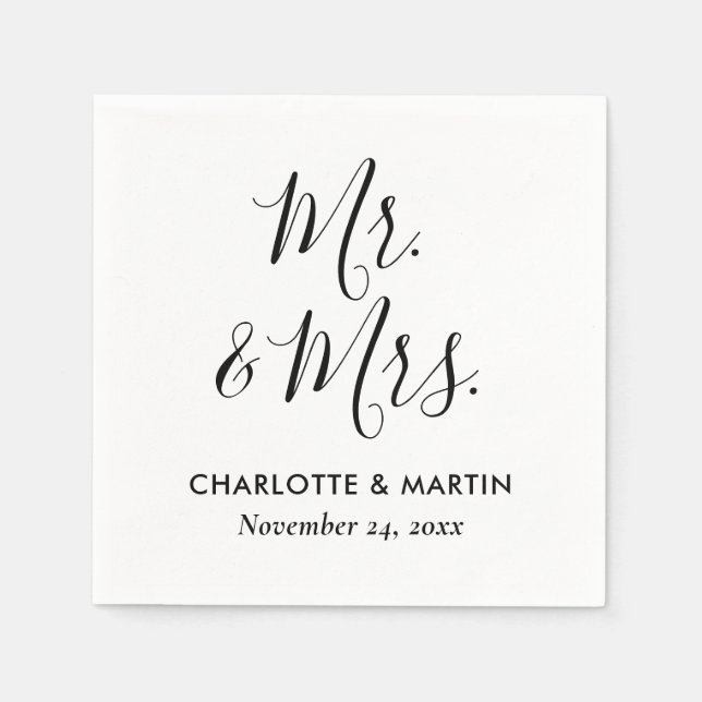 White Elegant Modern Script Mr. & Mrs. Wedding Napkin (Front)