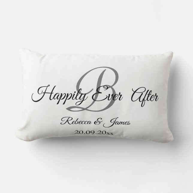 White Elegant Monogrammed Happily Ever After Lumbar Cushion (Front)