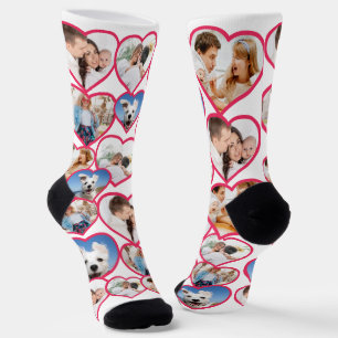 White Elegant Red Heart Pattern   5 Photo Collage Socks