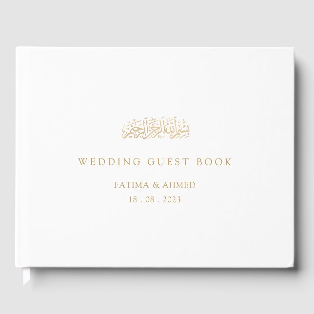 White Elegant Script Minimal Gold Muslim Wedding Guest Book (Front)