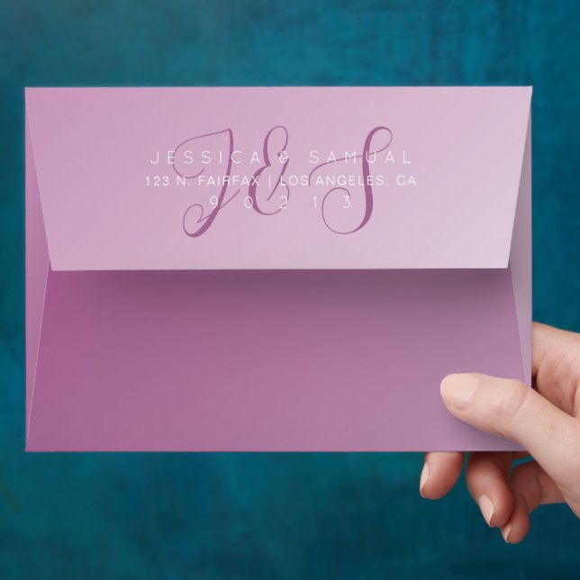 White Elegant Script Monogram on Mauve Ombre Envelope (Hand)