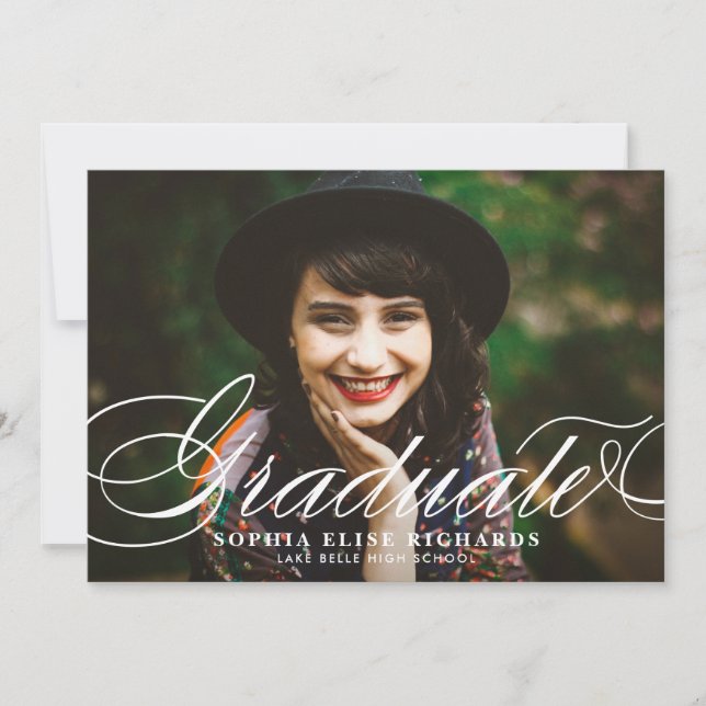 White Elegant Script Photo Graduation Invitation (Front)