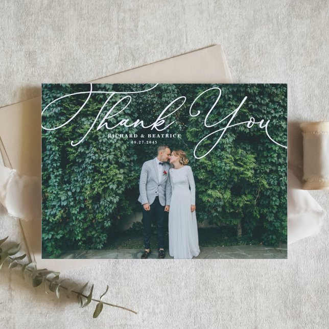 White Elegant Script Photo Wedding Thank You Postcard (Creator Uploaded)
