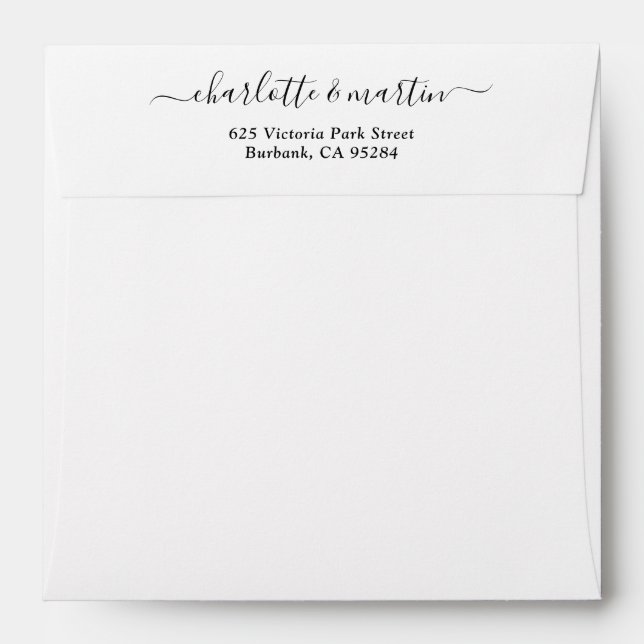 White Elegant Script Return Address Wedding Square Envelope (Back (Top Flap))