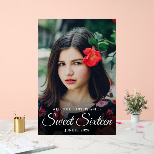 White Elegant Script Sweet Sixteen Photo Acrylic Sign (Wedding)