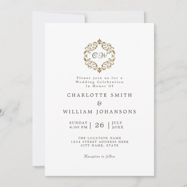 White Elegant Simple Gold Frame Initial Wedding Invitation (Front)