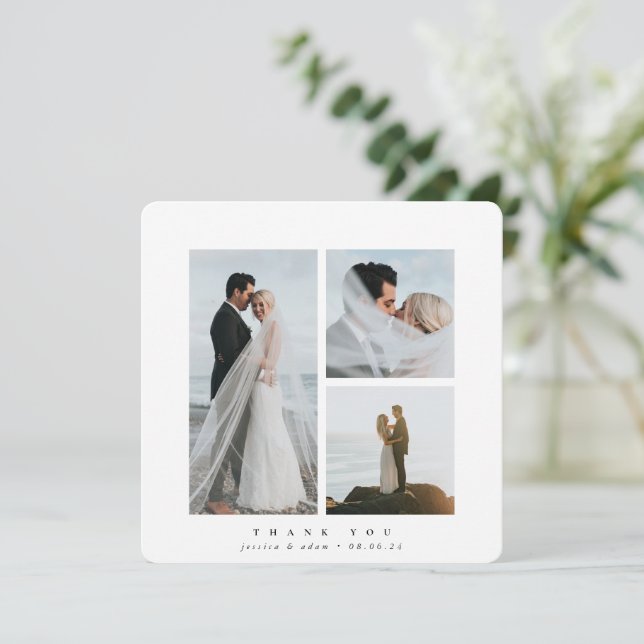 White Elegant Square Three Photo Wedding Thank You Card (Standing Front)